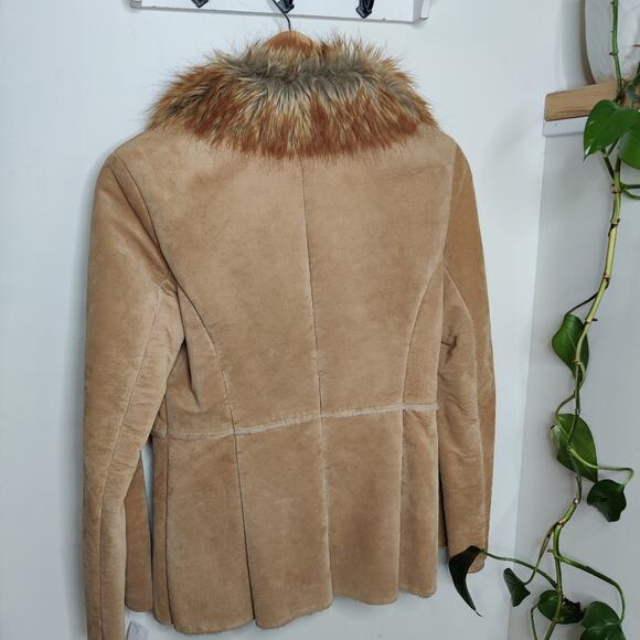 Guess Vintage Tan Genuine Suede Leather Coat with Faux Fur Trim Size Small - Picture 5 of 11